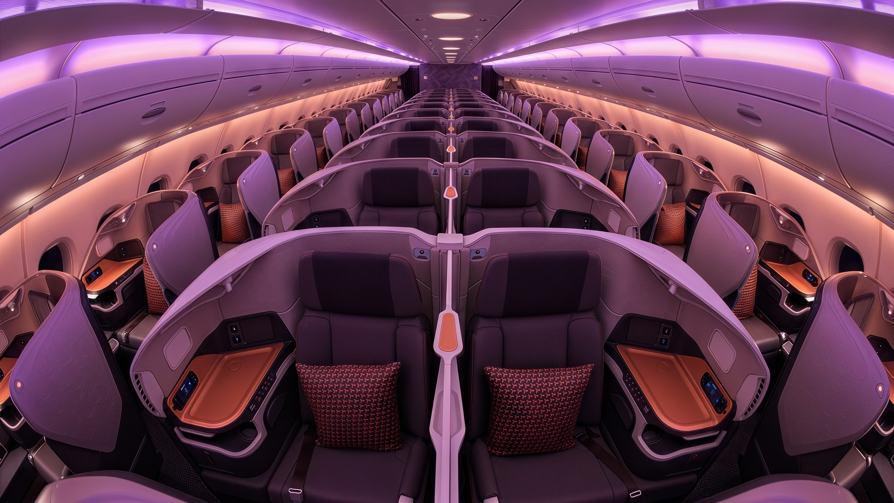 Elevated top view of the Singapore Airlines A380 Business Class cabin